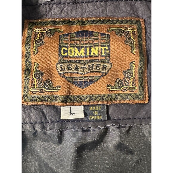 VTG Comint Brown Navy Blue Leather Coat Two Tone size L Color Block 80s hiking - Picture 3 of 14